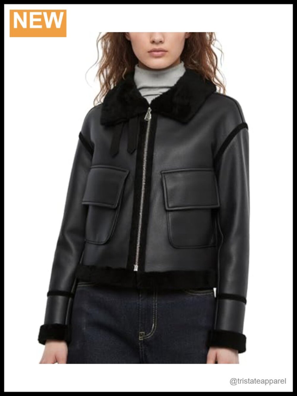 Classic Shearling Bomber Leather Jacket Women Winter Warm Zip